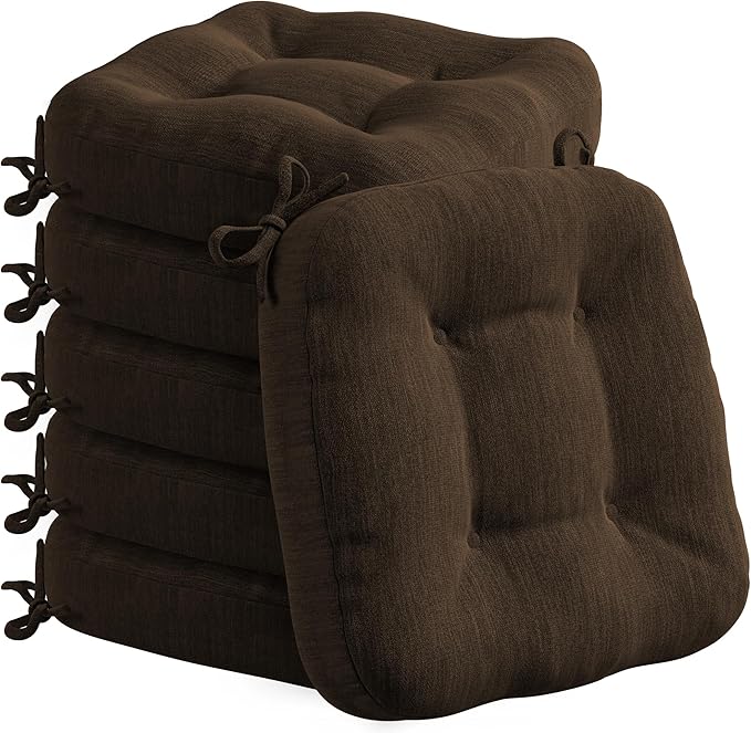 Codi 6 Pack Dining Chair Cushions, Thick Chairs Pads for Indoor Kitchen Room - Washable, Non-Slip Seat Cushion with Ties, 16.5"x16.5"x 3.5", Set of 6, Brown