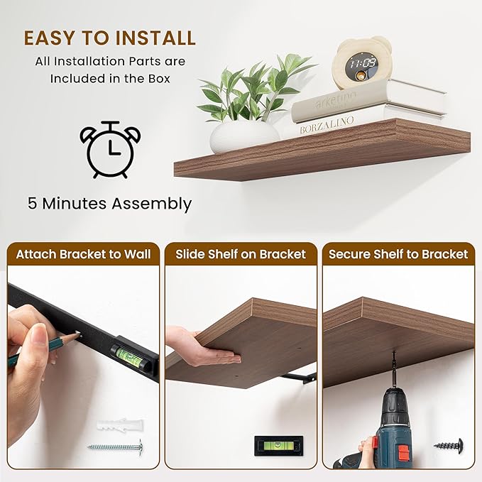 Fun Memories Floating Shelves for Wall, 30 Inch Rustic Wood Wall Mounted Shelves for Bathroom, Bedroom, Kitchen, Living Room, Deep Floating Shelves for Storage & Home Decor (Walnut, Set of 2)