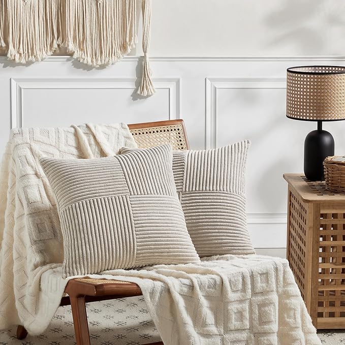 Fancy Homi 2 Packs Neutral Taupe Decorative Throw Pillow Covers 16x16 Inch for Living Room Couch Bed, Rustic Farmhouse Boho Home Decor, Soft Corss Patchwork Corduroy Textured Square Cushion Case 40cm