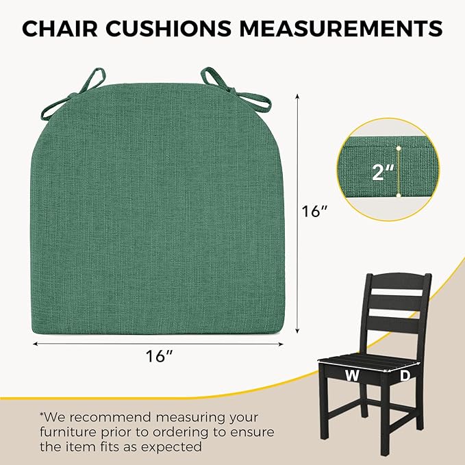 downluxe Indoor Chair Cushions for Dining Chairs, Soft and Comfortable Textured Memory Foam Kitchen Chair Pads with Ties and Non-Slip Backing, 16" x 16" x 2", Dark Green, 4 Pack