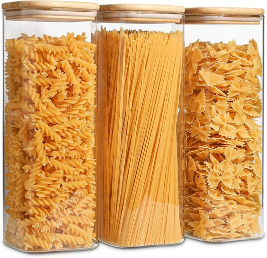 ComSaf Glass Spaghetti Pasta Storage Containers with Lids 2.2 Qt Set of 3, Tall Clear Airtight Food Storage Jar with Lid for Noodles Flour Oat Cereal Sugar Beans, Sqaure Spaghetti Pantry Containers