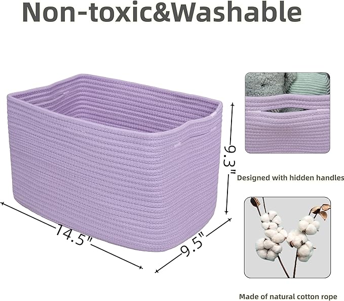 Cotton Rope storage Basket Bins Woven Basket for Organizing Shelves Rectangle Decorative Baskets For storage Clothes Toys Books Towels Square Wicker Nursery basket organizer 3 pack purple lavender