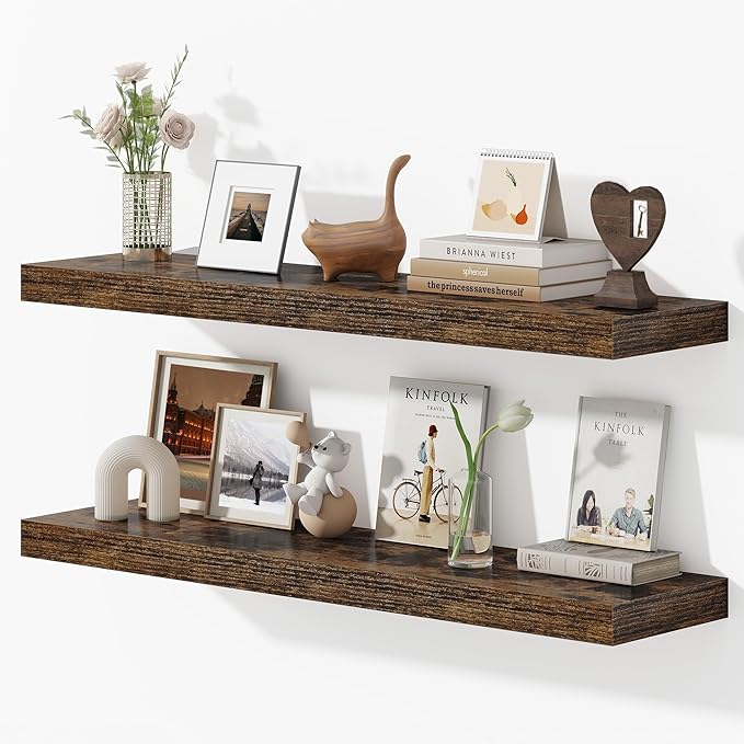 Dreamland 40 Inches Floating Shelves for Wall, 9.3" Deep Long Floating Shelves Set of 2, Large Display & Storage Shelf, Wall Shelf for Bathroom Bedroom Living Room Kitchen Office, Rustic Brown