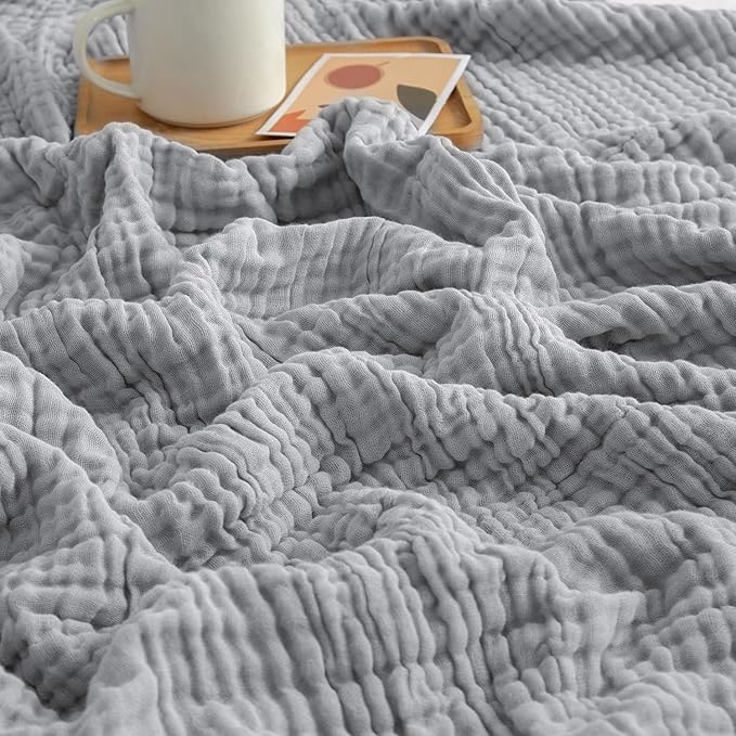 EMME Cotton Muslin Blanket King Size - Soft, Breathable Layering Blanket, 108"x90", Lightweight Gauze, All Season, Light Grey
