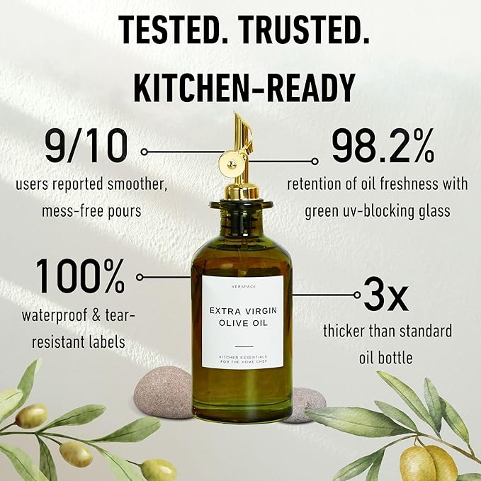 Green Glass Olive Oil Dispenser Bottle For Kitchen By Verpsace,Avocado Oil Dispenser Set, Modern Decor, Gold Kitchen Accessories for Home, Airbnb, Cafe (Gold, Set of 2)