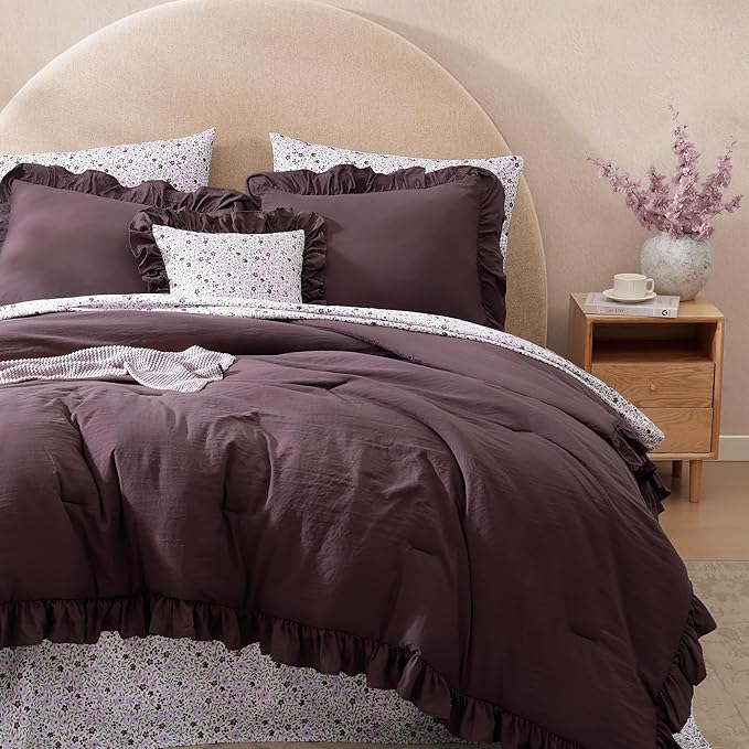 Full Comforter Set - 7 Pieces Ruffle Purple Bedding Sets, Shabby Chic Farmhouse Bed in a Bag Full with Ruffle Comforter, Floral Sheets, Pillowcases & Shams