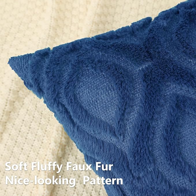 decorUhome Fall Throw Pillow Covers 12x20 Inch Set of 2, Soft Plush Decorative Faux Fur Dark Blue Solid Couch Pillow Covers, Accent Farmhouse Neutral Lumbar Euro Pillow Cases for Sofa Bed Living Room