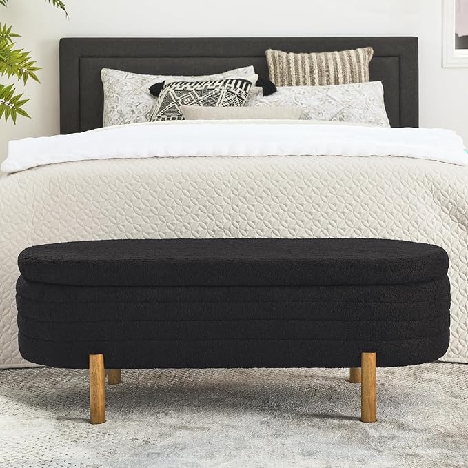 Furniliving 46” Storage Benches, End of Bed Bench with Button-Tufted Large Upholstered Storage Ottoman Teddy Window Bench with Storage Shoe Cabinet Bench, for Bedroom, Entryway, Closet, Black