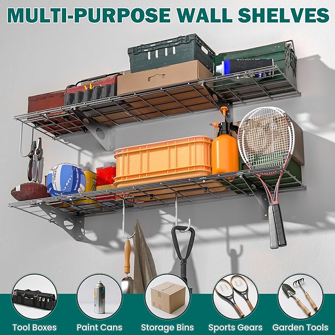 EVERHANGER Garage Wall Shelves, 12 X 48 Inch Wall Mounted Storage Shelves, Heavy Duty Metal Shelving with Hooks, 2 Pack, Black