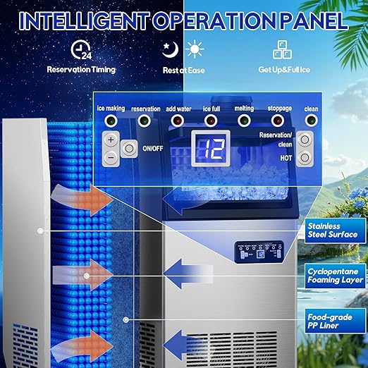 Commercial Ice Maker Machine, 110Lbs/24H, 30Lbs Storage, 36Pcs Clear Ice Cubes in 10-15Mins, Stainless Steel Under Counter or Freestanding Ice Machine - 2 Water Inlet Modes, for Home Party Office