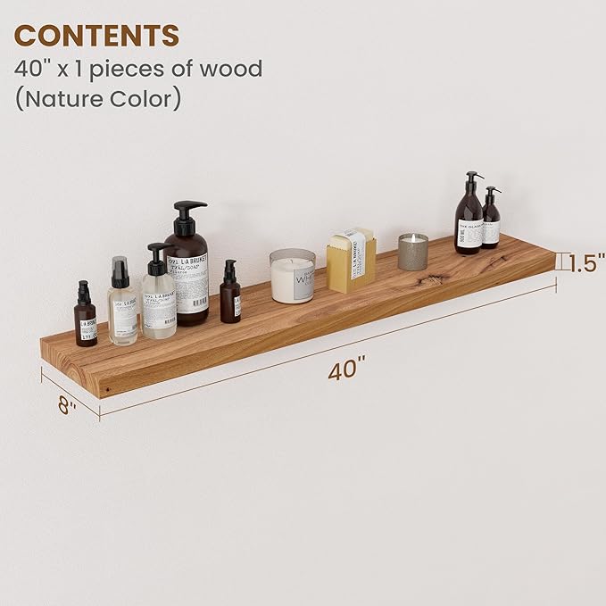 Floating Shelves for Wall Decor, 8" Deep Rustic Solid Elm Wood Floating Shelves Wall Mounted, Wall Shelves with Invisible Bracket for Living Room Bathroom Bedroom Kitchen, 40 Inch Set of 1, Natural