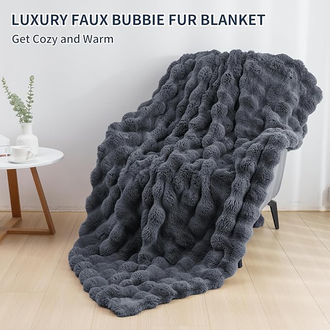 Cozy Faux Fur Throw Blanket for Bed-Warm Fuzzy Throw Blanket, Soft Plush Thick Bubble Blankets for Bedroom and Living Room, Furry Luxury Blanket, 90 x 90, Grey