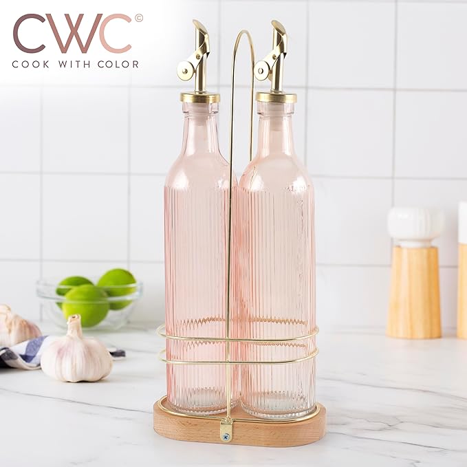 COOK WITH COLOR Glass Olive Oil Dispenser Bottle - 2 Pack, 17 oz Cruet - Elegant Carafe Decanter with Spout for Kitchen, Suitable for Vinegar, Coffee Syrups & Other Liquids