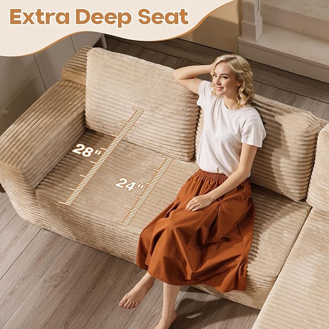 Cloud Sectional Couches for Living Room,U Shaped Modular Sofas No Assembly,135x79 Inches Plush Corduroy Oversized Floor Couch Set with Deep Seat Chaise,Beige