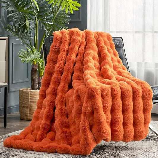 Cozy Bliss Faux Fur Throw Blanket for Couch, Fuzzy Soft Plush Thick Bubble Blanket for Sofa Bedroom Living Room, 50 * 60 Inches Burnt Orange