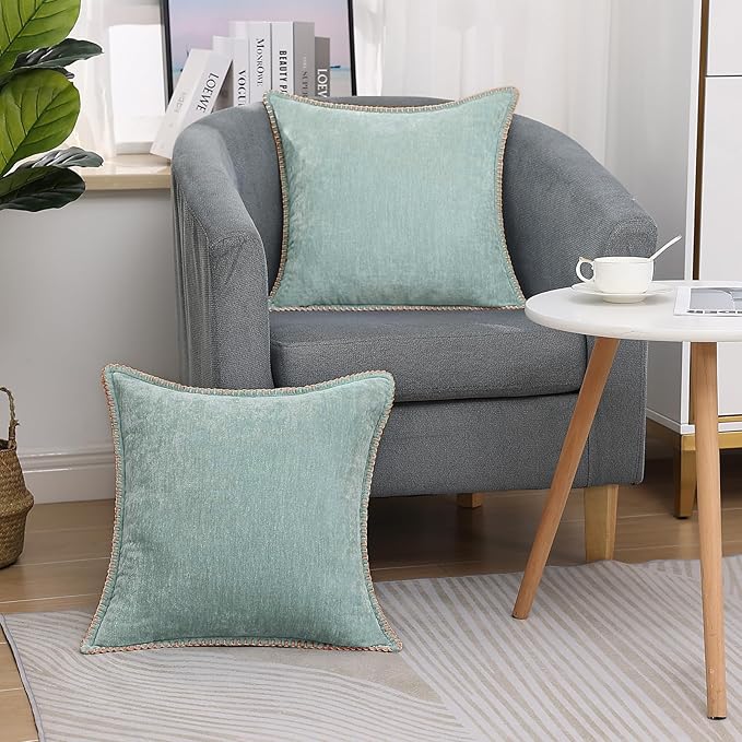 decorUhome Chenille Soft Throw Pillow Covers 26x26 Set of 2, Farmhouse Velvet Neutral Decorative Euro Pillow Covers with Stitched Edge for Couch Sofa Bed Home Decor, Aqua Haze