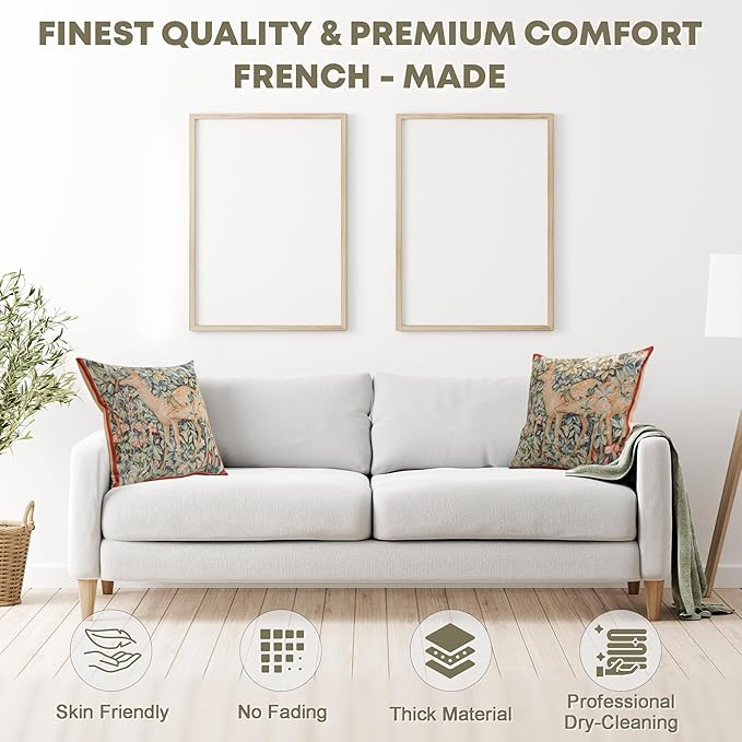 Charlotte Home Furnishings Decorative Tapestry Pillow Cover 19x19 in, Green Does Couch Throw Pillow Cover, French Country Square Cushion Cases for Living Room Home Decor, Soft Cotton Jacquard Woven