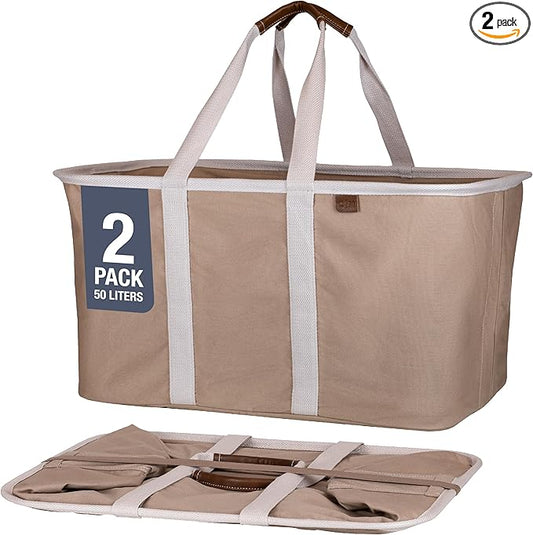 CleverMade Collapsible Laundry Tote - LUXE Mocha 2-Pack 50L - Foldable Storage Organization Container for Clothes Laundry Room Storage Solution