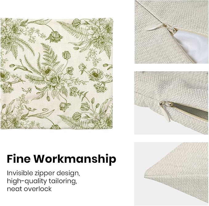 CXMEIFLY Sage Green Floral Leaves Chinoiserie Decorative Throw Pillow Covers Set of 2, 18x18 Inch, Perfect for Living Room, Bedroom, Outdoor Gardens