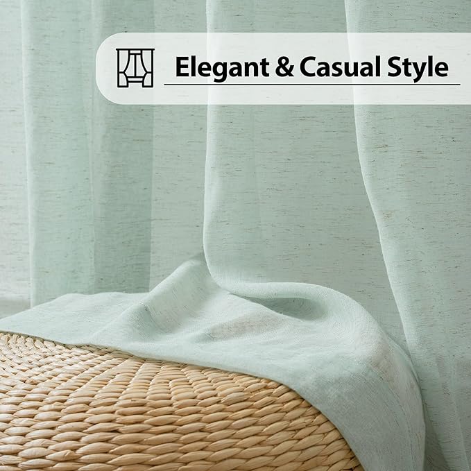 FMFUNCTEX Linen Sheer Curtains for Bedroom, Sage Green Curtains 63 Inch Length for Living Room, Farmhouse French Flax Blend Window Draperies, Rod Pocket 2 Panels Set