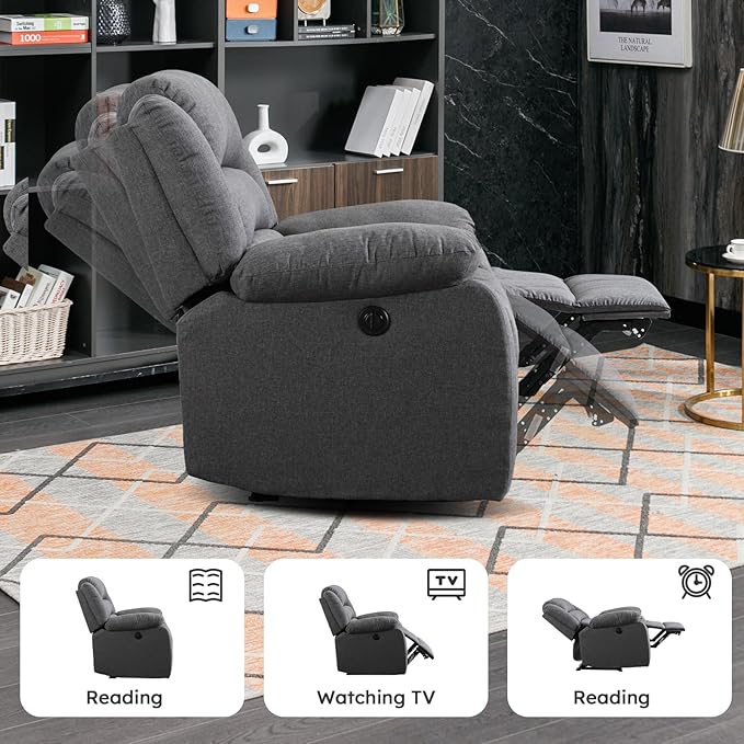 EBELLO Classic Power Recliner Chair, Oversized Electric Reclining Chair with Overstuffed Cushion and Back, Soft Fabric Adults Single Recliner Sofa for Living Room, Set of 2 Grey