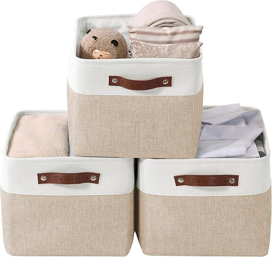 DECOMOMO Storage Baskets for Shelves - Fabric Closet Organizers and Storage Bins, Perfect Baskets for Organizing Closet Toys Nursery (Beige and White, XL - 3 Pack)