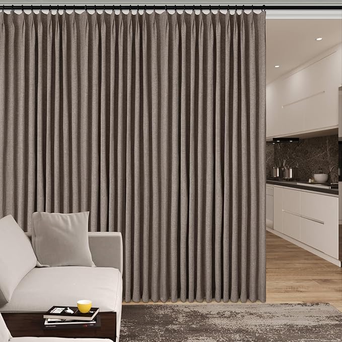 Light Coffee Pinch Pleat 100% Blackout Drapes Linen Blend, Room Divider, Room Darkening, Energy Saving, Furniture Protecting, Light Blocking Extra Wide Privacy Curtains, 240Wx84L, 1 PC