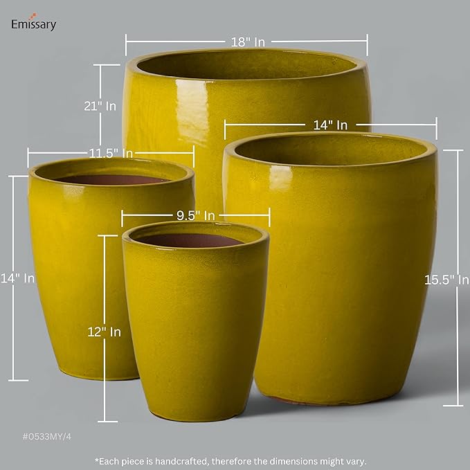 Emissary Home and Garden Bullet 11.5 in. Mustard Yellow Ceramic Round Planter (11.5 in. L x 11.5 in. W x 14 in. H) with Drainage Hole