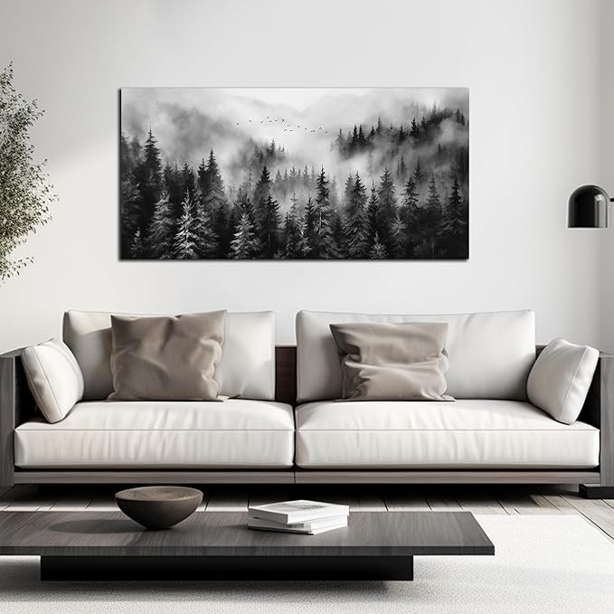 Foggy Forest Wall Art for Living Room,Black and White Pictures for Wall,Tree Wall Decor for Bedroom 20 x 40 Inch