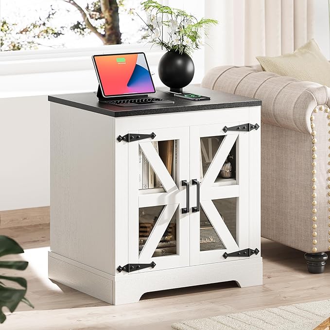 Farmhouse Side Table - 24" Large Night Stand Set 2, Wood Nightstand with Charging Station, Bedside Table with Adjustable Shelf, End Tables Living Room, Rustic Bed Side Tables Bedroom, White