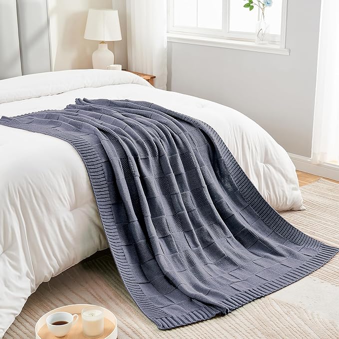 CozeCube Check Knit Throw Blanket, Steel Blue Checkered Throw for Couch, Decorative Christmas Soft Cozy Warm Knitted Blanket for Bed Sofa Living Room, 50"X60"