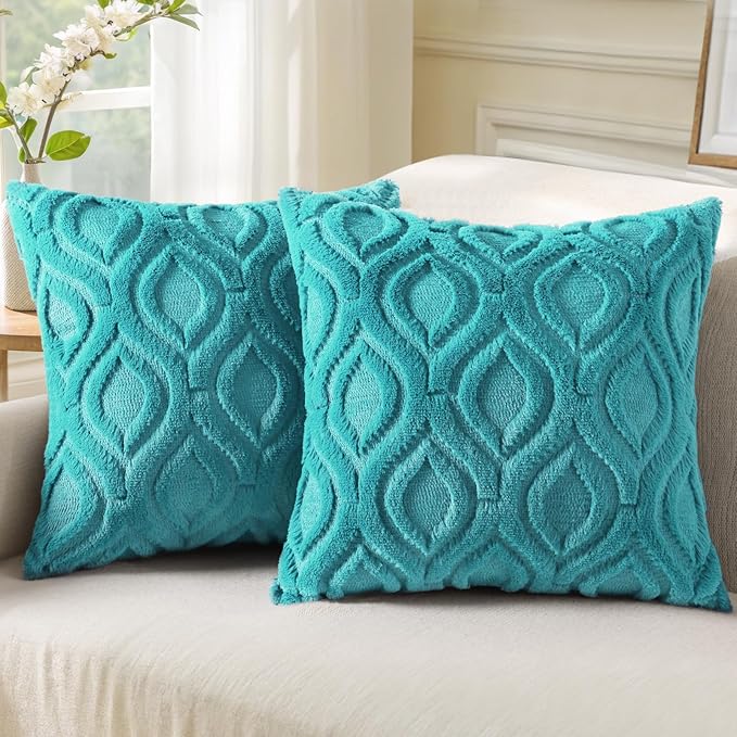 decorUhome Fall Throw Pillow Covers 22x22 Inch Set of 2, Soft Plush Decorative Faux Fur Turquoise Solid Couch Pillow Covers, Accent Farmhouse Neutral Square Euro Pillow Cases for Sofa Bed Living Room