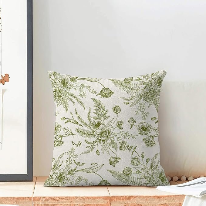 CXMEIFLY Sage Green Floral Leaves Chinoiserie Decorative Throw Pillow Covers Set of 2, 18x18 Inch, Perfect for Living Room, Bedroom, Outdoor Gardens