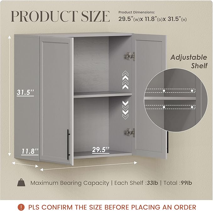 FIMELLO 30" Laundry Room Cabinets Wall Mounted, Ashen Gray