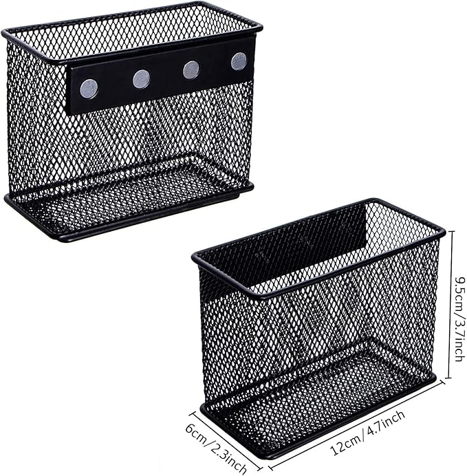 dedoot Magnetic Basket 2 Pack Magnetic Holder Locker Magnetic Pen Holder Magnetic Pencil Holder Strong for Whiteboard Marker, 4.7x2.3x3.7inch Black Mesh Magnetic Pen Holder for Refrigerator Fridge
