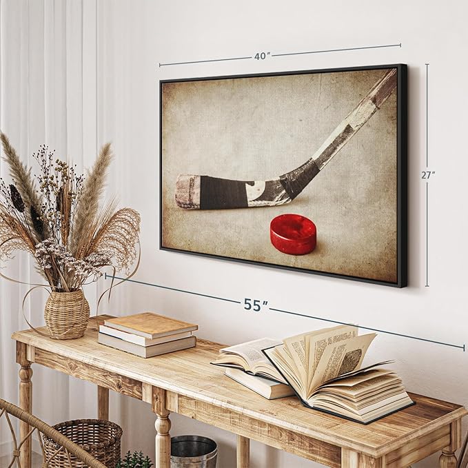 Elephant Stock Vintage Ice Hockey Wall Art - Horizontal Framed Canvas - 1-Piece Hallway Wall Decor - Photography Sports Canvas Print - Brown and Beige Decor for Wall - 40" X 27"
