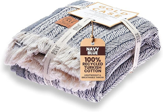 Gold Case Throw Blanket for Couch – 100% Recycled Turkish Cotton Blankets & Throws – Elegant Decorative Throw Blankets for Living Room Sofa – Woven Throws for Couch – Vintage Navy Blue – 60x80