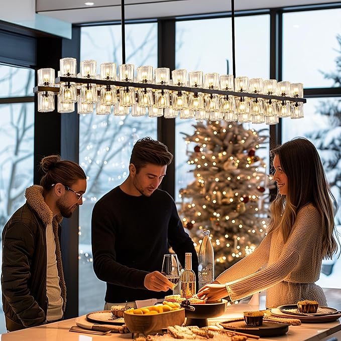 Crystal Black Rectangular Chandelier Light Fixture,54 in Dining Room Chandeliers Over Table,Modern Chandeliers For Living Room,Arcachon Chandelier,Kitchen Island Chandeliers Includes 60xG4 Bulbs