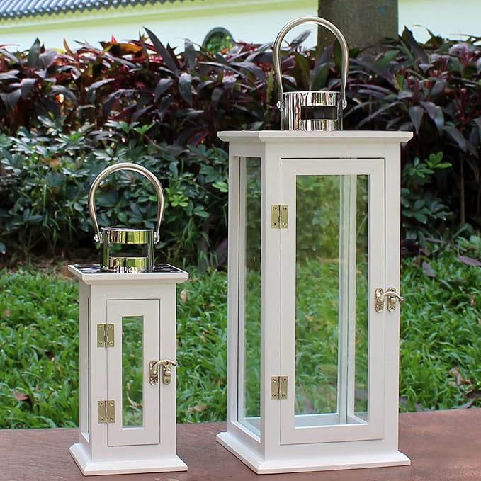 CVHOMEDECO. Decorative Elegant Wood Hurricane Candle Lantern with Stainless Top and Glass Inserts for Home Patio Outdoor Decor. White, Set of 2