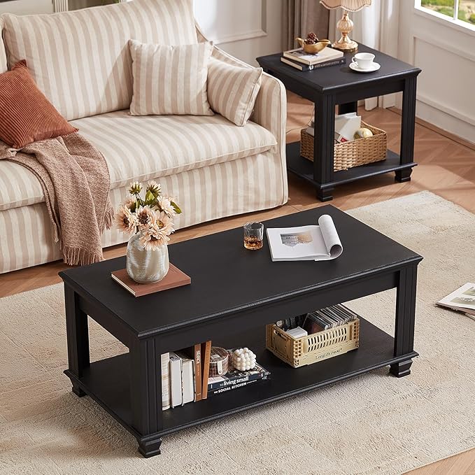 Farmhouse Coffee Tables for Living Room,Square Tea Table with Open Storage Shelf,Large Coffee Table,Rustic Wooden Center Table,Black