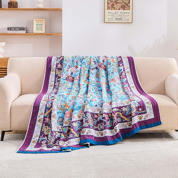 Fall Blanket for Bed, 100% Cotton Soft Rustic Boho Throw Blanket Quilt, 80"x90" Farmhouse Decor Bed Flower Blankets, Light Weight Reversible Bohemian Throw Quilt