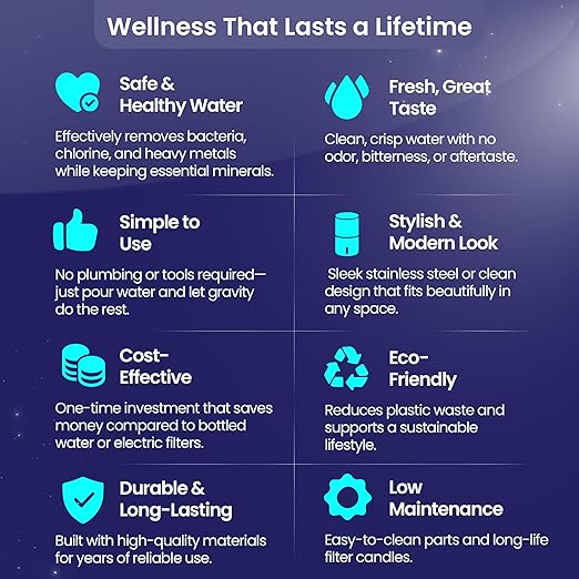 Gravity Water Filter System – 1.5 Gallons NSF Certified AISI 304 Stainless Steel Premium Countertop Water Filtration System with 2 Smart Black Carbon Filters & Stainless Steel Spigot