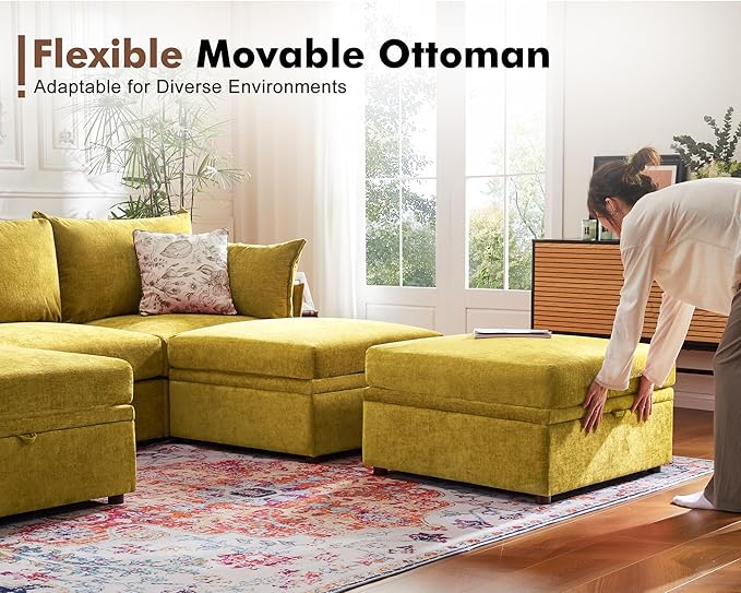 102.6" Modular Sectional Sofa, L Shaped Couch Set for Living Room, 3-Seater Comfy Cloud Couches with Movable Storage Ottoman,DIY Combination - Chenille Yellow