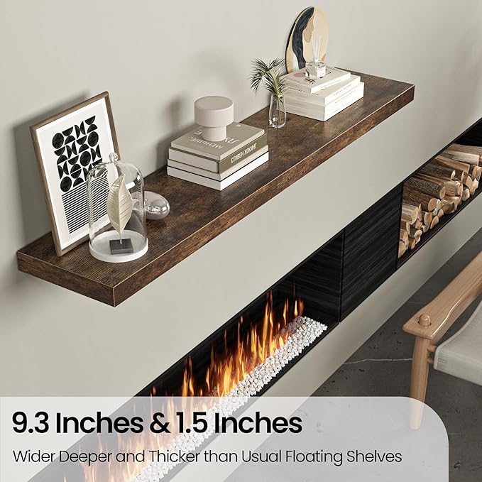 Floating Shelves for Wall, 72" W x 9.3" D x 1.5" H, Long Wooden Wall Mounted Display Shelf with Invisible Brackets for Living Room, Bedroom, Bathroom, Kitchen & Storage, Set of 1, Rustic Brown