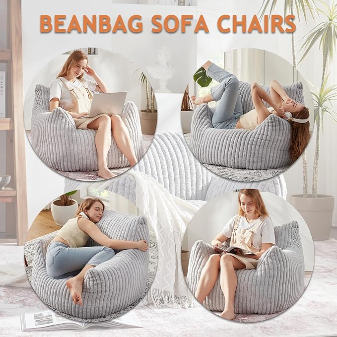 Giant Bean Bag Chairs for Adults with Filling Plush Fluffy Bean Bag Chairs for Teens with Armrests Comfy BeanBag Lazy Couch Sofa Chair for Bedroom Living Room Reading