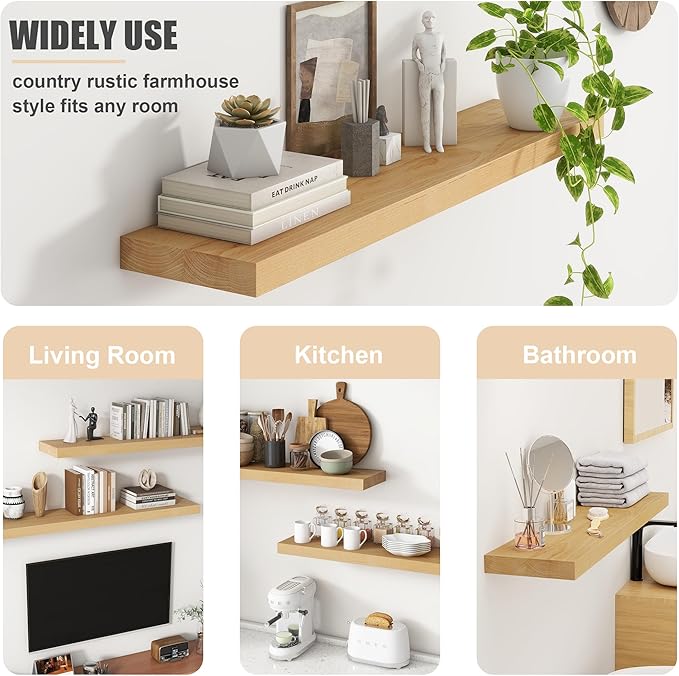 Floating Shelves for Wall, USA-Sourced Brich Wood 24 Inch Wall Shelves Set of 2, Natural Wooden Mounted Picture Ledge Shelf, Nursery Book Storage Shelf Kids Bookshelf Display, Shelf for Bathroom