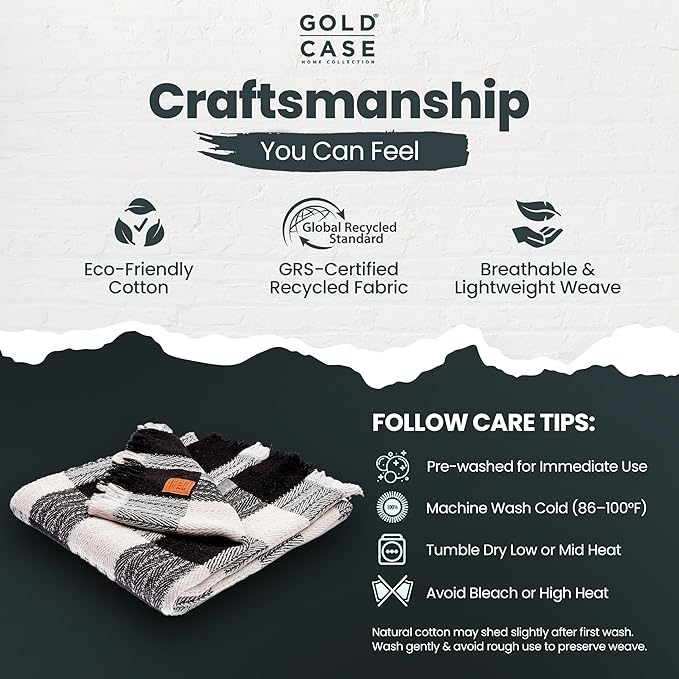 Gold Case Throw Blanket for Couch – 100% Recycled Turkish Cotton Blankets & Throws – Elegant Decorative Throw Blankets for Living Room Sofa – Woven Throws for Couch – Black – 60x80