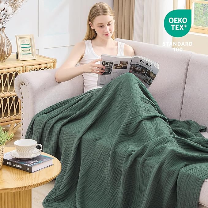 EMME Cotton Muslin King Blanket Bed Layering Breathable Gauze Blanket Soft Lightweight Blankets Adults (Forest Green, 108"x90")