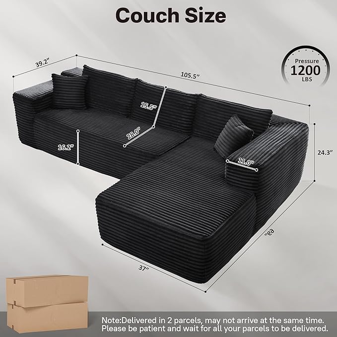 104" Cloudy Sectional L Shaped Couch for Living Room, No Assembly Required, Modular Comfy Sofa with Deep Seat, Fluffy Couch with Sleeper Chaise for Apartment Lounge (Black)