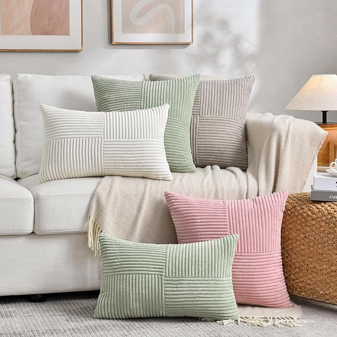 Fancy Homi 2 Packs Tan Decorative Throw Pillow Covers 18x18 Inch for Living Room Couch Bed, Rustic Farmhouse Boho Home Decor, Soft Corss Corduroy Patchwork Textured Square Beige Cushion Case 45x45 cm